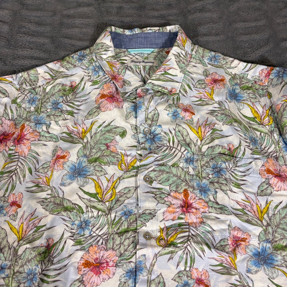 Tommy Bahama Mens XXL Linen Blend Tropical Floral Hibiscus Button Down Shirt